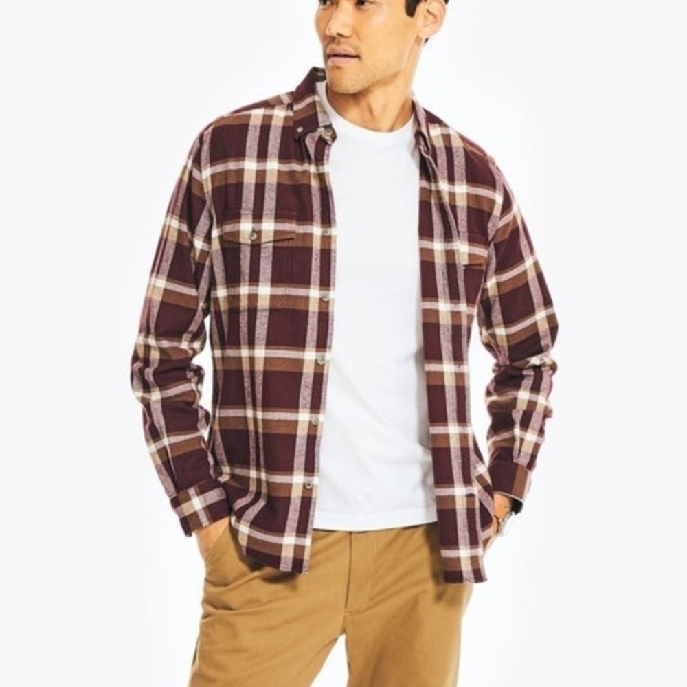 Nautica 90s Grunge Cabincore Burgundy Plaid Flannel Button Down Shirt